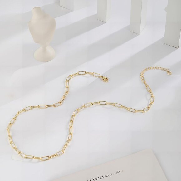 Sweatproof 14K Gold Plated Non Tarnish Chunky Herringbone Paperclip Necklace - Picture 6 of 7